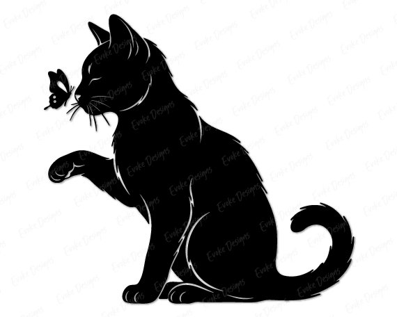 Image of a silhouette of a sleek cat silhouette sitting tall, one paw lifted as it gently greets a delicate butterfly perched near its whiskers. Smooth curves, flowing fur lines, bright highlights, alert ears, curled tail and a graceful pose give this adorable cat and butterfly design a sweet, calm, magical feel.