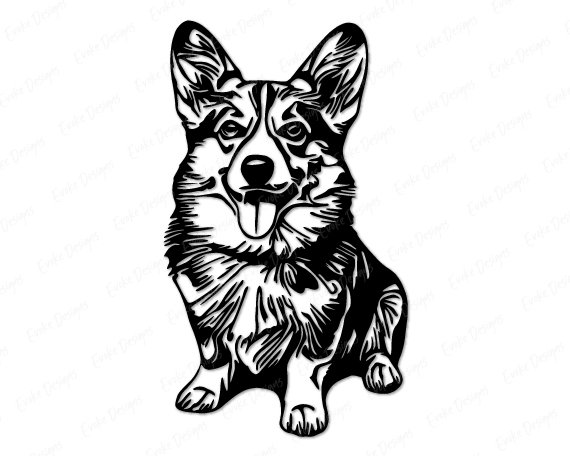 Black image of a silhouette of a corgi - a small, sturdy dog with short legs, a long body, large ears, a fluffy coat and a cheerful expression.