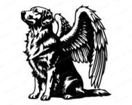 Black image of a silhouette of a majestic golden retriever dog with large angel wings. The dog is depicted sitting upright with a calm and serene expression, its head slightly tilted upward as if looking toward the sky. Detailed fur markings create a textured, realistic look throughout the body, while the strong wings extend gracefully from its back, showcasing layered feathers with intricate line work. The dog’s long, flowing coat contrasts beautifully with the bold feather patterns, giving the design a striking and balanced appearance. The overall style is bold, clean, and highly detailed, making the angelic dog figure both powerful and elegant.