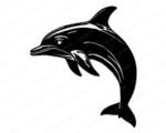 Black image of a silhouette of a sleek and lively dolphin in mid-leap. The dolphin has a solid, streamlined body with a curved dorsal fin, a distinct beak-shaped snout, and a smoothly arched tail. Clean, sharp lines define the pectoral fins, eye, and natural contours of the dolphin’s body, giving it a dynamic and realistic appearance. The contrast of solid black areas with white highlights emphasises the dolphin’s graceful shape and fluid movement.