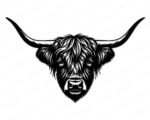 Black image of a silhouette of a Highland cow head with long, curved horns and thick, shaggy hair covering its forehead. The detailed linework captures the cow’s expressive eyes and textured fur, giving it a strong yet rustic look.