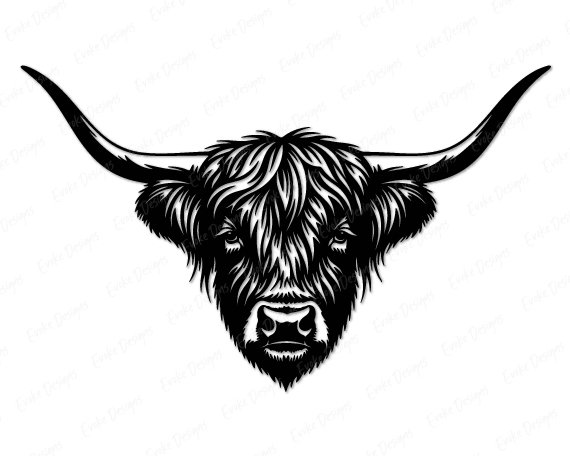 Black image of a silhouette of a Highland cow head with long, curved horns and thick, shaggy hair covering its forehead. The detailed linework captures the cow’s expressive eyes and textured fur, giving it a strong yet rustic look.
