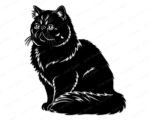 Image of a silhouette of a sitting Persian cat. The cat has a full, fluffy coat with long fur accents around its chest, back, and tail. Its expressive face is framed by thick fur, with large, almond-shaped eyes, a short rounded nose, and defined whiskers. The ears are small and slightly rounded at the tips, blending into the luxurious mane of fur. The cat’s body is drawn in a regal, upright sitting position, with its thick tail curled neatly along the ground. The design is bold and high-contrast, with clean black lines and highlighted fur textures that emphasize the Persian cat’s characteristic round face and voluminous coat.