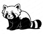 Image of a silhouette of a chubby, fluffy-tailed baby red panda sitting with a sweet smile, big round eyes, soft rounded ears and bold black-and-white markings. Its bushy striped tail, plump paws and adorable masked face give it that classic red panda look.