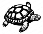 Image of a silhouette of a sea turtle with a domed shell, sturdy legs, scaly skin, and a small head with a beaked mouth.