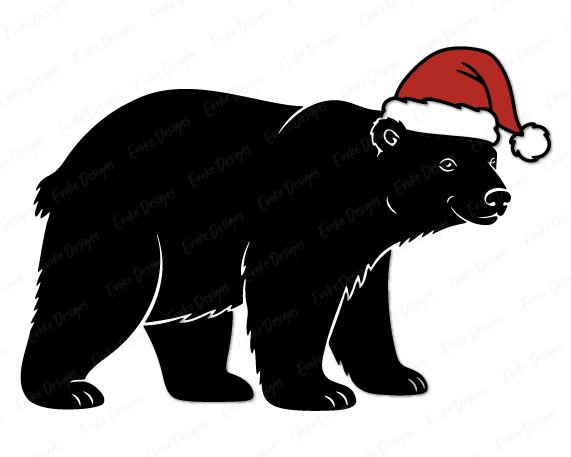 Black image of a silhouette of a bear standing strong and sturdy, detailed with thick fur lines and a friendly face, topped with a bright red Santa hat trimmed in fluffy white.