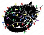 Black image of a silhouette of a adorable sleeping cat silhouette wrapped in colorful Christmas lights. The cute black cat curls up peacefully as tangled strands of red, green, yellow, blue, and purple Christmas lights twinkle around its body and tail.