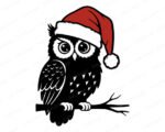 Black image of a silhouette of a big-eyed, feather-fluffed owl perched proudly on a branch, wearing a bright red Santa hat with soft white trim. The bold, clean lines give this festive owl SVG a striking, magical Christmas look.