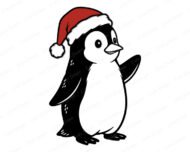 Image of a silhouette of a cute penguin wearing a Santa hat, standing upright with bright eyes, rounded belly, smooth black-and-white feathers and a fluffy red Christmas hat tipped with white trim.