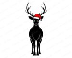 Black image of a silhouette of a reindeer standing tall, facing forward, with large detailed antlers and a smooth, sleek body. The reindeer wears a bright red Santa hat trimmed with fur and a pom-pom, adding a festive Christmas touch.
