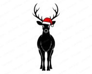 Black image of a silhouette of a reindeer standing tall, facing forward, with large detailed antlers and a smooth, sleek body. The reindeer wears a bright red Santa hat trimmed with fur and a pom-pom, adding a festive Christmas touch.