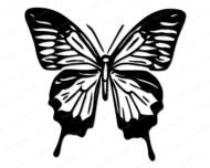 Silhouette of a striking Ulysses butterfly design in bold vector style. The butterfly is shown with its wings fully spread, highlighting the delicate yet dramatic wing patterns. The upper wings are elongated and decorated with layered markings that flow outward in a symmetrical design. The lower wings have a softer, rounded shape with trailing tips that give a fluid, almost dripping appearance.