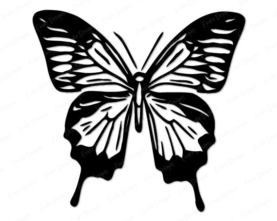 Silhouette of a striking Ulysses butterfly design in bold vector style. The butterfly is shown with its wings fully spread, highlighting the delicate yet dramatic wing patterns. The upper wings are elongated and decorated with layered markings that flow outward in a symmetrical design. The lower wings have a softer, rounded shape with trailing tips that give a fluid, almost dripping appearance.