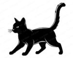 Image of a silhouette of a sleek black cat in a walking pose, depicted in bold silhouette style. The cat has upright pointed ears, almond-shaped eyes, and a defined nose with long, delicate whiskers extending from its face. Its body is streamlined and graceful, with smooth, flowing lines outlining its form. The cat’s tail is raised high and slightly curved at the tip, adding a sense of alertness and elegance. Subtle white highlights accentuate the contours of the legs, chest, and tail, giving the design depth and dimension. The overall appearance is striking, clean, and bold, showcasing the cat’s graceful movement and confident stance.