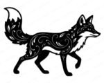 Black image of a silhouette of a graceful fox with intricate swirls, leaves, and decorative floral patterns across its body and tail. The fox has a proud, elegant stance with flowing fur and intricate floral detailing that adds depth and movement. The bold black-and-white vector style gives it a striking and detailed look.