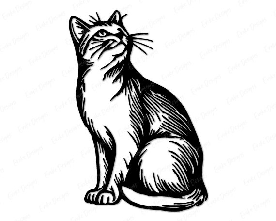 Sitting cat with upright ears, long whiskers, and a curved tail. The cat is shown looking upward with alert eyes and detailed fur markings across its face, chest, and body. Strong contrast lines highlight its graceful pose and natural feline features.