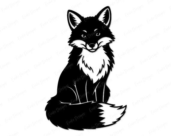 Silhouette of a sweet sitting fox with bright curious fox eyes, fluffy fox tail and soft layered fox fur that gives it a magical woodland creature look. Its perky pointed fox ears, gentle muzzle and crisp fox silhouette lines create a playful, storybook feel.