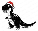 Black image of a silhouette of a cheerful T-Rex dinosaur standing upright with a big friendly grin, sharp but playful teeth, and bright expressive eyes. Its plump body and tiny arms add to its charm, while bold black-and-white lines and spotted details give it a fun, clean look. Topped with a fluffy red and white Santa hat.