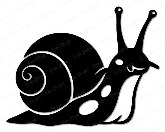 Digital image of a silhouette of a happy little snail with long eye stalks, a bright smiling face, and a bold swirling snail shell that curls in a perfect spiral. Smooth lines, cute spots, and a plump little snail body give it a sweet, friendly look.