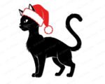 Black image of a silhouette of a cute cat wearing a bright red Santa hat with fluffy white trim and pom-pom detail. The cat stands alert with its tail curled and head turned to the side, giving it a poised, festive look.