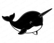 Black silhouette image of a baby narwhal svg showing a round sea unicorn with a long spiral tusk, soft curved fins, a gentle curled tail, and sleepy little eyes. This minimalist outline vector design has a transparent background and is perfect for a nursery ocean theme. The clean cut file style works well as digital clipart for printing, cutting, or design projects.