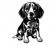 Silhouette of a sitting beagle puppy, highlighting its floppy ears, friendly eyes, strong paws, and compact body. The beagle’s alert pose, hound-like stance, and loyal expression capture the classic traits of this sniffing, tracking, and playful breed in a bold, easily recognisable design.
