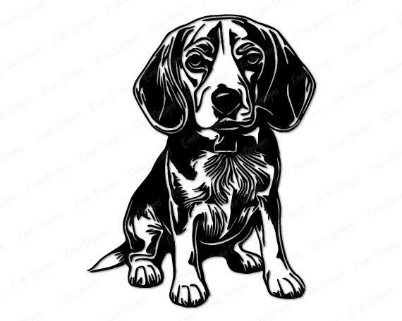 beagle-SVG-Download Silhouette of a sitting beagle puppy, highlighting its floppy ears, friendly eyes, strong paws, and compact body. The beagle’s alert pose, hound-like stance, and loyal expression capture the classic traits of this sniffing, tracking, and playful breed in a bold, easily recognisable design.