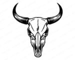 Black image of a silhouette of a bull or cow skull with long, curved horns and intricate linework highlighting the bone structure. The skull is symmetrical with deep hollows for the eyes and a narrow elongated nose. Bold outlines and sharp contrasts give it a realistic yet stylised look.