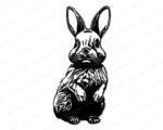 Black image of a silhouette of a small, fluffy bunny rabbit with long ears, a twitching nose, big eyes, and a cute little paws.