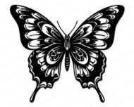 Black image of a silhouette of a Ulysses Butterfly with wings spread wide. The bold design captures its distinct shape, with elongated forewings and scalloped hindwings. Delicate wing edges and elegant curves highlight the butterfly’s graceful form.