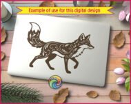 Black image of a silhouette of a graceful fox with intricate swirls, leaves, and decorative floral patterns across its body and tail. The fox has a proud, elegant stance with flowing fur and intricate floral detailing that adds depth and movement. The bold black-and-white vector style gives it a striking and detailed look.