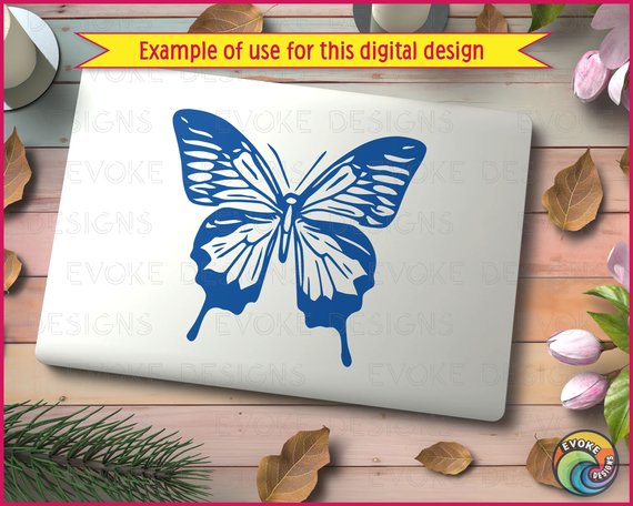 Silhouette of a striking Ulysses butterfly design in bold vector style. The butterfly is shown with its wings fully spread, highlighting the delicate yet dramatic wing patterns. The upper wings are elongated and decorated with layered markings that flow outward in a symmetrical design. The lower wings have a softer, rounded shape with trailing tips that give a fluid, almost dripping appearance.