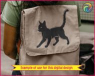 Image of a silhouette of a sleek black cat in a walking pose, depicted in bold silhouette style. The cat has upright pointed ears, almond-shaped eyes, and a defined nose with long, delicate whiskers extending from its face. Its body is streamlined and graceful, with smooth, flowing lines outlining its form. The cat’s tail is raised high and slightly curved at the tip, adding a sense of alertness and elegance. Subtle white highlights accentuate the contours of the legs, chest, and tail, giving the design depth and dimension. The overall appearance is striking, clean, and bold, showcasing the cat’s graceful movement and confident stance.