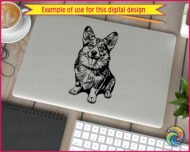 Black image of a silhouette of a corgi - a small, sturdy dog with short legs, a long body, large ears, a fluffy coat and a cheerful expression.