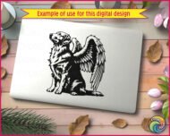 Black image of a silhouette of a majestic golden retriever dog with large angel wings. The dog is depicted sitting upright with a calm and serene expression, its head slightly tilted upward as if looking toward the sky. Detailed fur markings create a textured, realistic look throughout the body, while the strong wings extend gracefully from its back, showcasing layered feathers with intricate line work. The dog’s long, flowing coat contrasts beautifully with the bold feather patterns, giving the design a striking and balanced appearance. The overall style is bold, clean, and highly detailed, making the angelic dog figure both powerful and elegant.