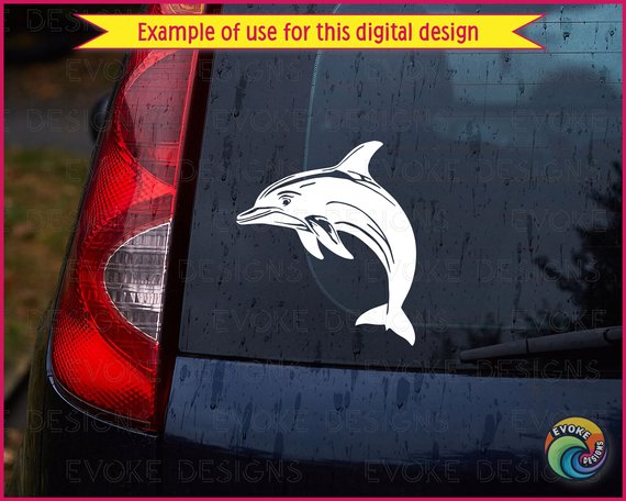 Black image of a silhouette of a sleek and lively dolphin in mid-leap. The dolphin has a solid, streamlined body with a curved dorsal fin, a distinct beak-shaped snout, and a smoothly arched tail. Clean, sharp lines define the pectoral fins, eye, and natural contours of the dolphin’s body, giving it a dynamic and realistic appearance. The contrast of solid black areas with white highlights emphasises the dolphin’s graceful shape and fluid movement.