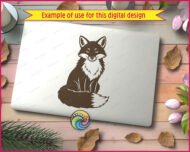 Silhouette of a sweet sitting fox with bright curious fox eyes, fluffy fox tail and soft layered fox fur that gives it a magical woodland creature look. Its perky pointed fox ears, gentle muzzle and crisp fox silhouette lines create a playful, storybook feel.