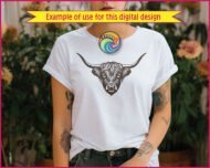 Black image of a silhouette of a Highland cow head with long, curved horns and thick, shaggy hair covering its forehead. The detailed linework captures the cow’s expressive eyes and textured fur, giving it a strong yet rustic look.
