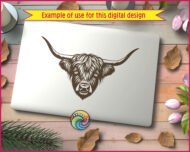 Black image of a silhouette of a Highland cow head with long, curved horns and thick, shaggy hair covering its forehead. The detailed linework captures the cow’s expressive eyes and textured fur, giving it a strong yet rustic look.