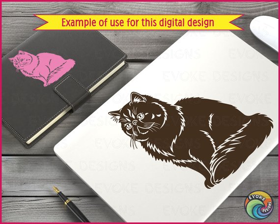 Image of a silhouette of a sitting Persian cat. The cat has a full, fluffy coat with long fur accents around its chest, back, and tail. Its expressive face is framed by thick fur, with large, almond-shaped eyes, a short rounded nose, and defined whiskers. The ears are small and slightly rounded at the tips, blending into the luxurious mane of fur. The cat’s body is drawn in a regal, upright sitting position, with its thick tail curled neatly along the ground. The design is bold and high-contrast, with clean black lines and highlighted fur textures that emphasize the Persian cat’s characteristic round face and voluminous coat.