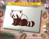 Image of a silhouette of a chubby, fluffy-tailed baby red panda sitting with a sweet smile, big round eyes, soft rounded ears and bold black-and-white markings. Its bushy striped tail, plump paws and adorable masked face give it that classic red panda look.