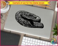 Black image of a silhouette of a sleek, sinuous snake lying coiled in a tight spiral, its gleaming scales catching the light as it rests, alert and ready to strike.