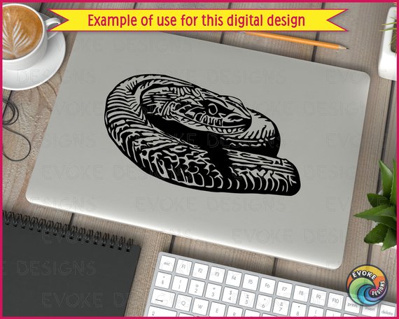 Black image of a silhouette of a sleek, sinuous snake lying coiled in a tight spiral, its gleaming scales catching the light as it rests, alert and ready to strike.