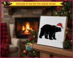 Black image of a silhouette of a bear standing strong and sturdy, detailed with thick fur lines and a friendly face, topped with a bright red Santa hat trimmed in fluffy white.