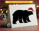 Black image of a silhouette of a bear standing strong and sturdy, detailed with thick fur lines and a friendly face, topped with a bright red Santa hat trimmed in fluffy white.