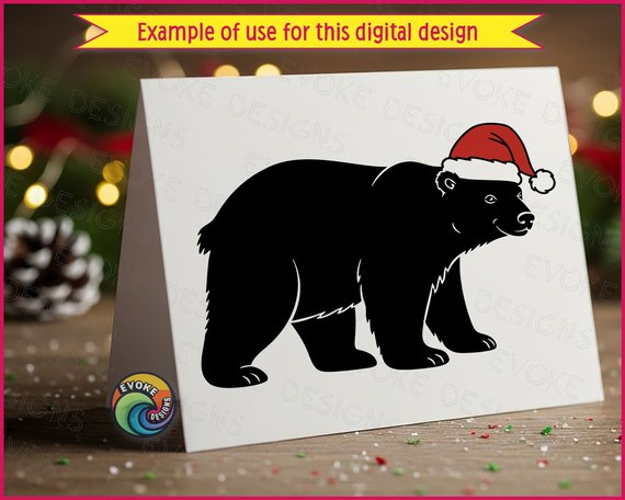 Black image of a silhouette of a bear standing strong and sturdy, detailed with thick fur lines and a friendly face, topped with a bright red Santa hat trimmed in fluffy white.