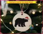 Black image of a silhouette of a bear standing strong and sturdy, detailed with thick fur lines and a friendly face, topped with a bright red Santa hat trimmed in fluffy white.