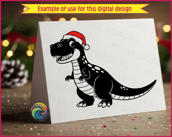 Black image of a silhouette of a cheerful T-Rex dinosaur standing upright with a big friendly grin, sharp but playful teeth, and bright expressive eyes. Its plump body and tiny arms add to its charm, while bold black-and-white lines and spotted details give it a fun, clean look. Topped with a fluffy red and white Santa hat.