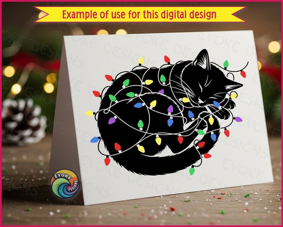 Black image of a silhouette of a adorable sleeping cat silhouette wrapped in colorful Christmas lights. The cute black cat curls up peacefully as tangled strands of red, green, yellow, blue, and purple Christmas lights twinkle around its body and tail.