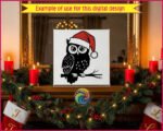 Black image of a silhouette of a big-eyed, feather-fluffed owl perched proudly on a branch, wearing a bright red Santa hat with soft white trim. The bold, clean lines give this festive owl SVG a striking, magical Christmas look.